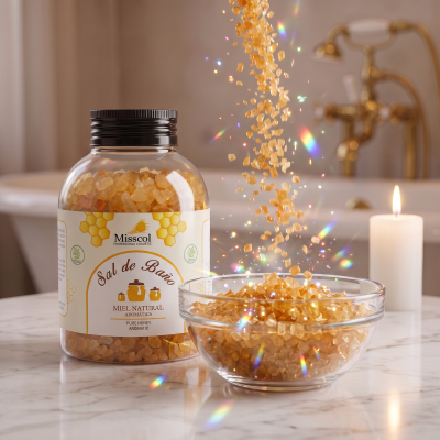 Frasco com sal de banho aromático de mel natural e taça de vidro com sal num ambiente com vela e torneira dourada.