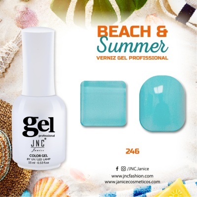 frasco verniz gel branco e amostras cor azul turquesa com fundo de praia