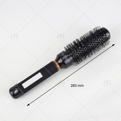 Escova de cabelo redonda preta com cerdas finas e cabo texturizado