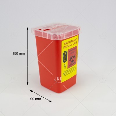 Contentor plástico vermelho para descarte de lâminas de barbear com tampa transparente e etiqueta amarela.