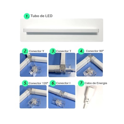 Tubo de LED branco com vários conetores e cabo de energia sobre fundo branco e azul.