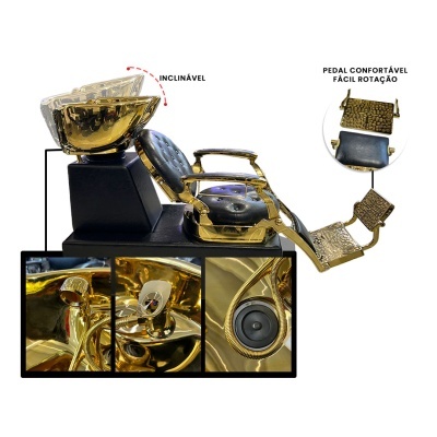 Estação dourada para lavagem de cabelo com cadeira preta e lavatório inclinável