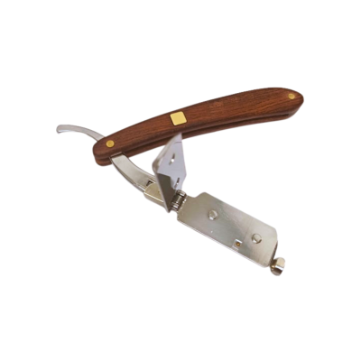 Navalha de barbear com cabo de madeira castanha e lâmina de metal