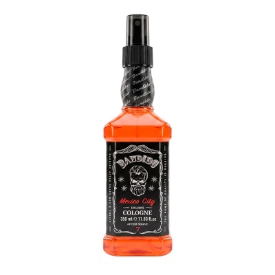 Frasco plástico laranja de after shave Bandido Mexico City com tampa preta e rótulo preto