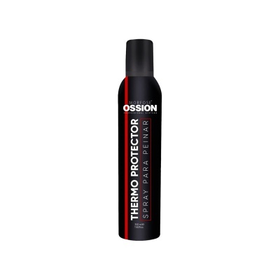 Spray termoprotetor de cabelo preto OSSION com texto branco e vermelho