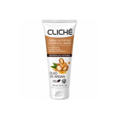 Creme nutritivo de mãos e unhas CLICHÉ com óleo de argan em tubo branco e castanho