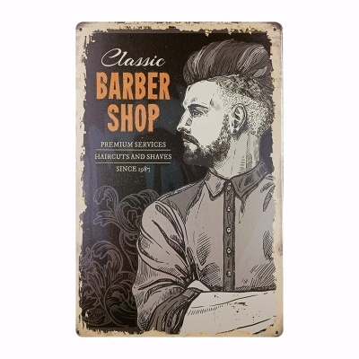 Placa metálica decorativa vintage com texto e imagem de homem estilizado para barbearia