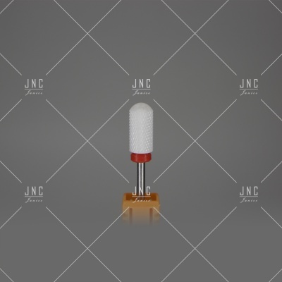 Broca cilíndrica para unhas em cerâmica branca com base vermelha e suporte amarelo