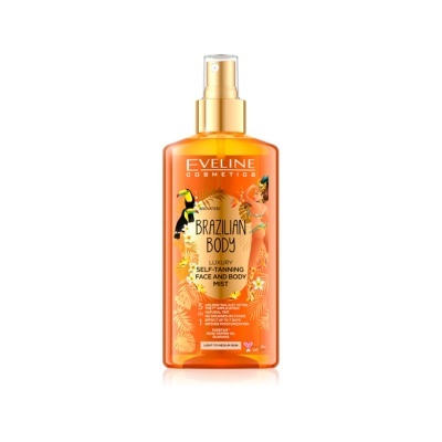 Frasco spray laranja de cosmético Eveline Brazilian Body com design tropical e tampa transparente