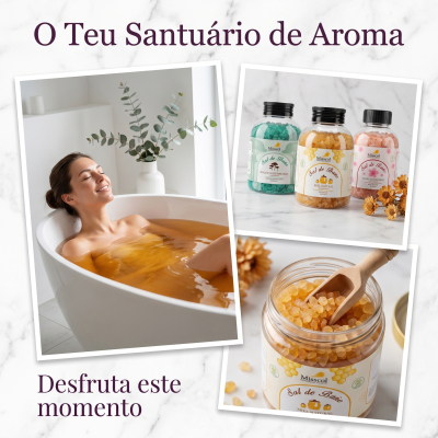 Mulher relaxando em banheira com sal de banho Misscol em frascos coloridos