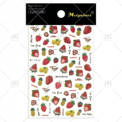 Autocolantes de decoração de unhas com desenhos coloridos de morangos, ananases, melancia e limão, com texto em inglês, em embalagem transparente com topo preto Meiguimei.
