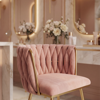 Cadeira rosa estofada com estrutura dourada em ambiente decorativo elegante