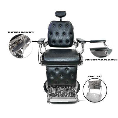 Cadeira de barbeiro preta de couro com apoios e estrutura metálica