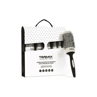 Conjunto de escovas TERMIX EVOLUTION com cabo preto e branco e embalagem branca com bolinhas.