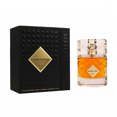 Perfume Golden Elixir com frasco e embalagem preta