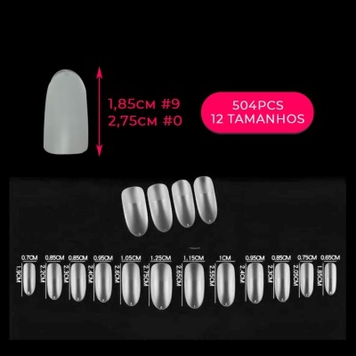 Conjunto de unhas postiças transparentes em 12 tamanhos diferentes com medidas e quantidade em destaque