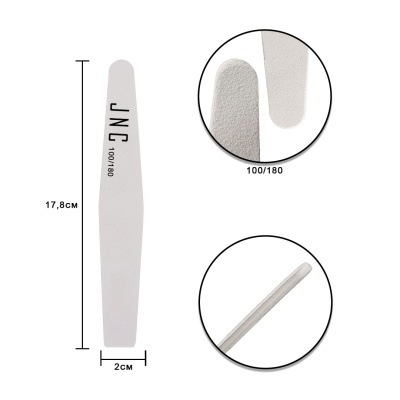 Lima de unhas branca JNC com marcação 100/180 e dimensões indicadas
