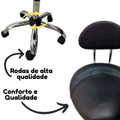 Cadeira de escritório preta com rodas e texto promocional em português