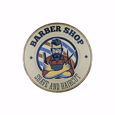 Símbolo redondo de barbearia com barbeiro ilustrado e textos