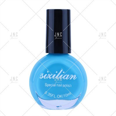 Frasco de esmalte de unhas azul com tampa preta e texto branco