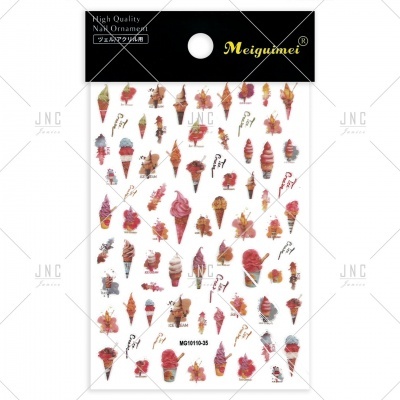 Folha de autocolantes para unhas com desenhos de gelados em cones coloridos.