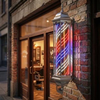 Poste de barbearia LED vermelho, branco e azul numa parede de tijolos junto a porta de vidro