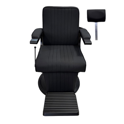 Cadeira de barbearia preta com apoio de cabeça separado