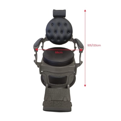 Cadeira de barbeiro preta com encosto e assento almofadados, apoios de braço e apoio para os pés, vista frontal com medidas