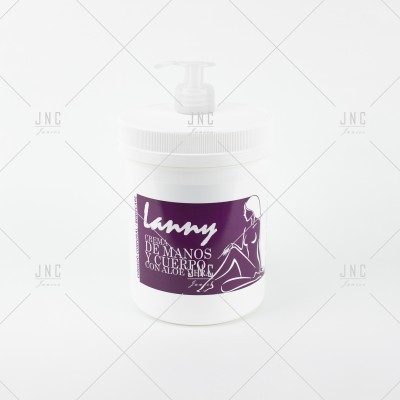 Frasco branco com tampa de bomba de creme de mãos e corpo Lanny com rótulo roxo