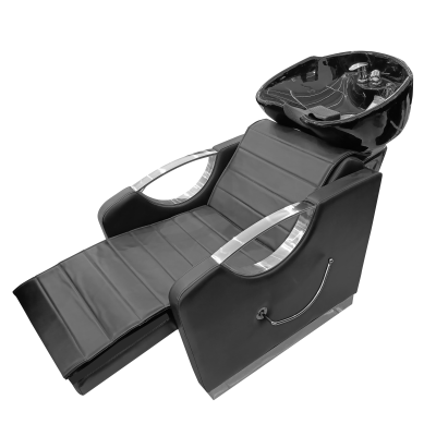 Poltrona preta de couro sintético com lava-cabeças preto e apoios cromados