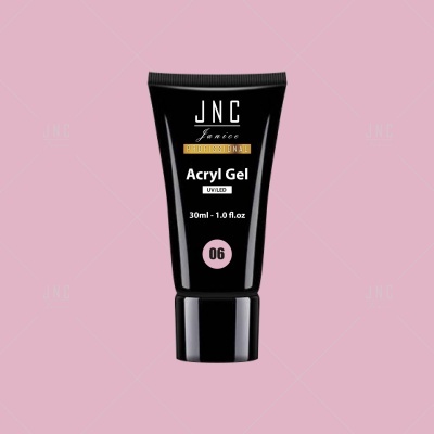 Tubo preto de gel acrílico JNC Venice Professional com texto branco e dourado, fundo rosa