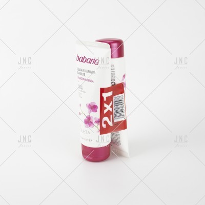 creme nutritivo Babaria embalagem branca rosa e roxo com etiqueta 2x1