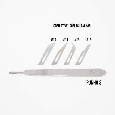 Kit de bisturi metálico com punho e quatro lâminas numeradas num fundo branco