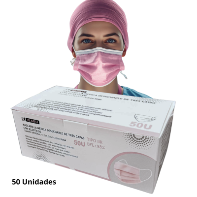Caixa branca de 50 máscaras médicas descartáveis rosas de três camadas