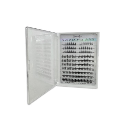 Conjunto de pestanas em clusters numa caixa transparente com etiqueta Beachflies QUICKLASH CLUSTERS