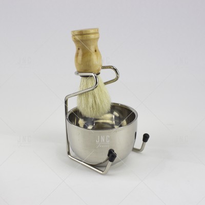 Conjunto para barbear com pincel de madeira, suporte metálico e tigela metálica prateada