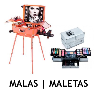 Duas malas de maquilhagem, uma rosa aberta com pernas e outra prateada fechada, sobre fundo branco com texto MALAS | MALETAS