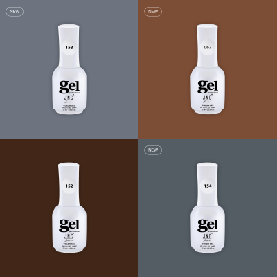 Quatro frascos de verniz gel JNC numerados 153, 067, 152, 154 sobre fundos de cores diferentes
