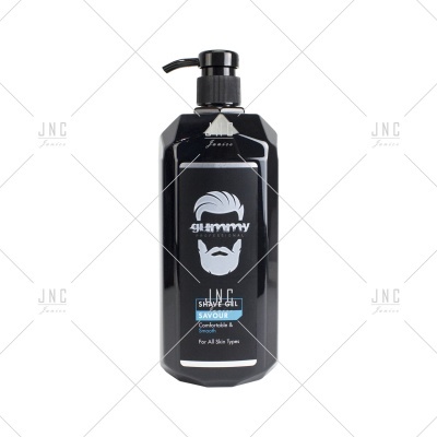 Gel de barbear em embalagem preta com tampa de pump e desenho de rosto masculino