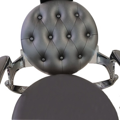 Cadeira de barbear preta com superfície estofada e estrutura metálica cromada