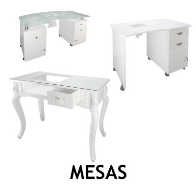 Três mesas brancas de diferentes estilos em fundo branco com a palavra MESAS