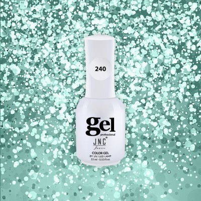 frasco branco de verniz gel para unhas com texto preto em fundo verde brilhante