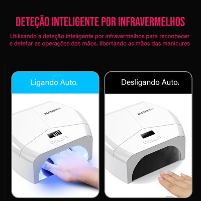 Aparelho branco para manicure com visor digital e texto promocional em português sobre detecção por infravermelhos