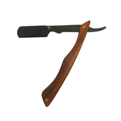 Navalha de barbear com lâmina preta e cabo de madeira castanha