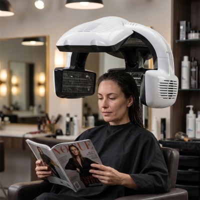 Mulher num salão de cabeleireiro usando secador de cabelo profissional enquanto lê revista Vogue
