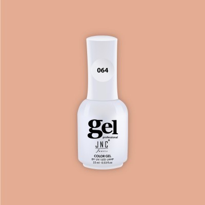 Frasco branco de verniz gel para unhas com texto preto em fundo cor de pêssego