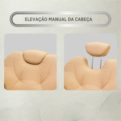 Cadeira de escritório bege com encosto de cabeça ajustável manualmente.