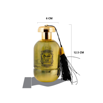 Frasco de perfume dourado com tassel preto e etiqueta VIP SHIEKH