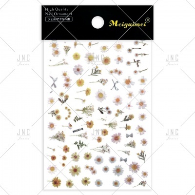 Autocolantes para unhas com flores secas coloridas em embalagem com etiqueta preta.