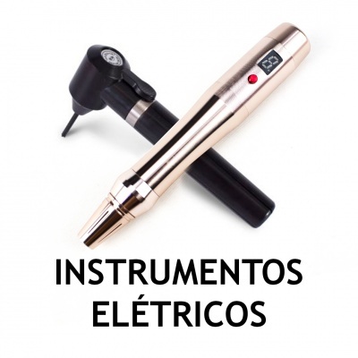 Dois instrumentos elétricos, um dourado e um preto, com texto INSTRUMENTOS ELÉTRICOS
